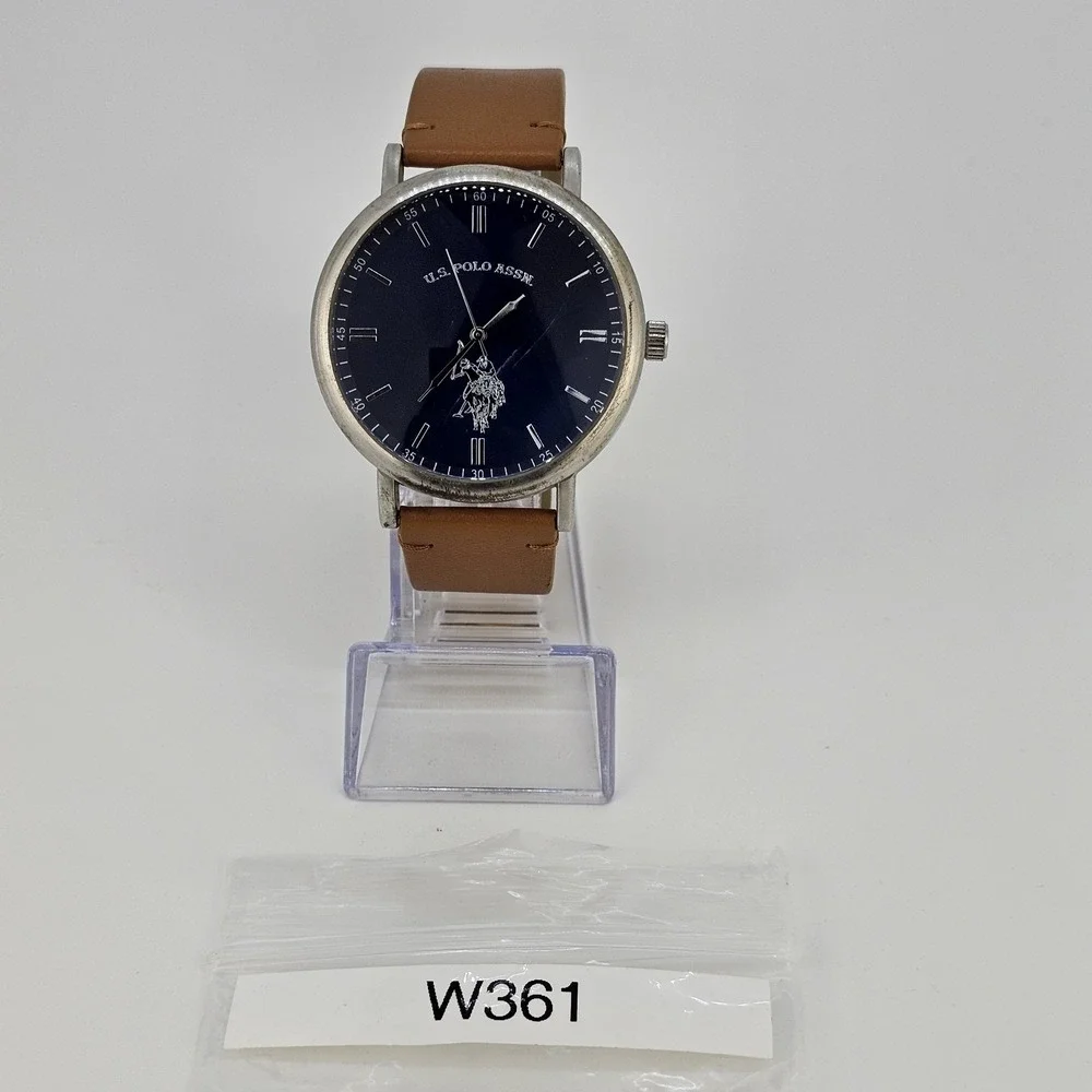 US Polo Assn Men's Watch 46MM Blue Dial Brown Faux Leather Bands New Battery
